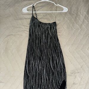 Glamorous One Shoulder Black and Silver Dress